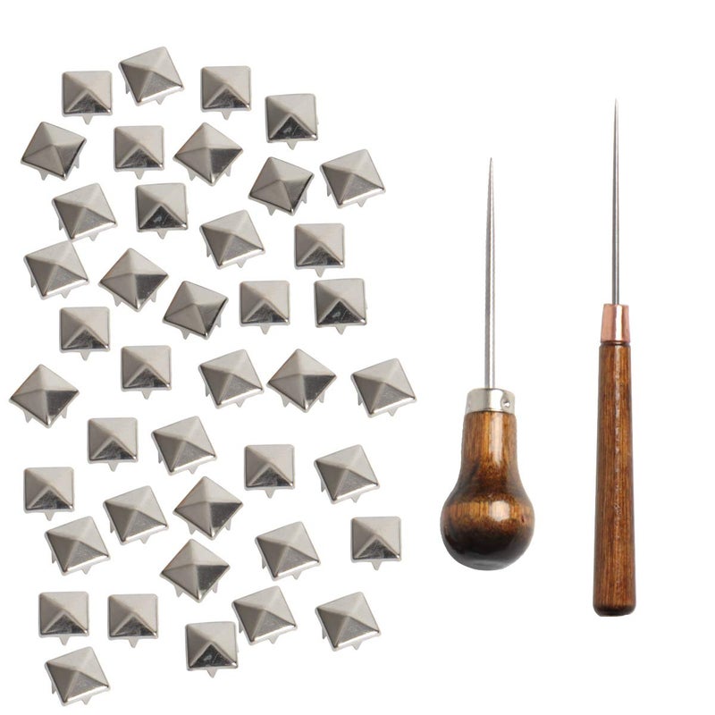 SBYURE 500 Pieces 10mm Square Studs for Clothing Silver Pyramid Studs,Four-Jaw Stud Clothing Pyramid Stud with 2 Pack Awl Craft Tool - Image 1