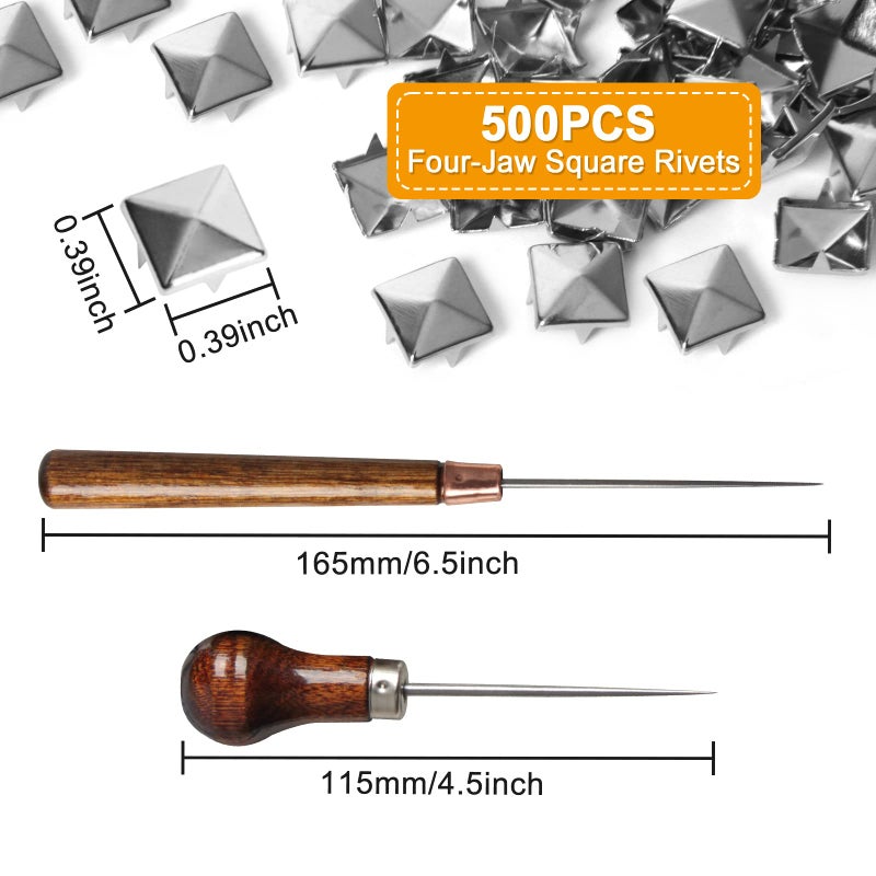 SBYURE 500 Pieces 10mm Square Studs for Clothing Silver Pyramid Studs,Four-Jaw Stud Clothing Pyramid Stud with 2 Pack Awl Craft Tool - Image 2