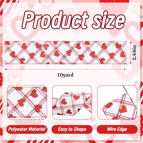 Habbiful 2.5"×10 Yards Valentine's Day Wired Ribbon Glitter Red Love Heart Ribbon for Crafts Wreath Bows Wrapping White Red Plaid Ribbon for Valentines Wedding Anniversary Party Decoration - Image 2