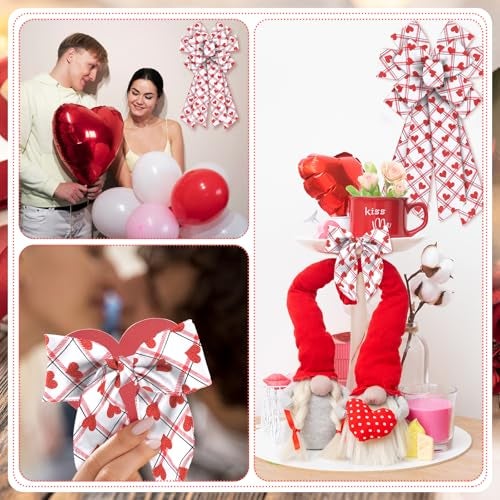 Habbiful 2.5"×10 Yards Valentine's Day Wired Ribbon Glitter Red Love Heart Ribbon for Crafts Wreath Bows Wrapping White Red Plaid Ribbon for Valentines Wedding Anniversary Party Decoration - Image 5