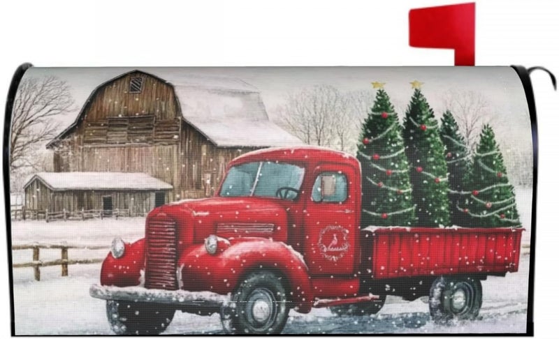 Farg Winter Mailbox Cover Magnetic Standard Size Christmas Red Truck Snow Mail Box Covers Wrap Snowflakes Pine Trees Mailbox Wraps Post Letter Holiday18X 21 in Decor for Garden Outdoor Farmhouse - Image 1