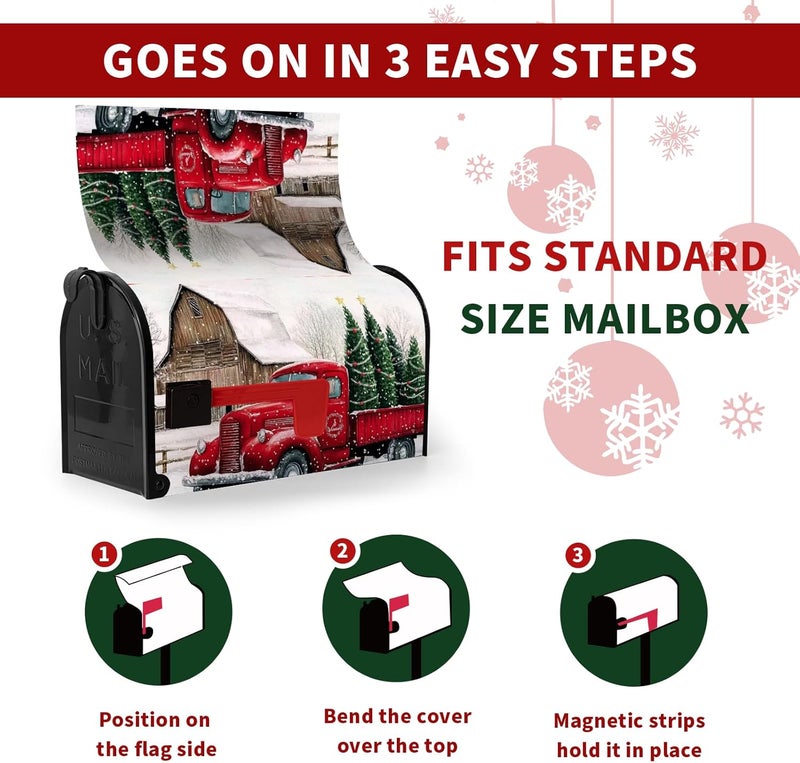 Farg Winter Mailbox Cover Magnetic Standard Size Christmas Red Truck Snow Mail Box Covers Wrap Snowflakes Pine Trees Mailbox Wraps Post Letter Holiday18X 21 in Decor for Garden Outdoor Farmhouse - Image 3