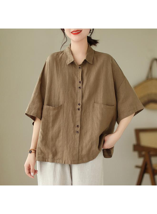 VUELO Real Shot Summer New Artistic Loose Solid Color Lapel Half Sleeve Shirt Women's Shirt Top #702 - Image 2