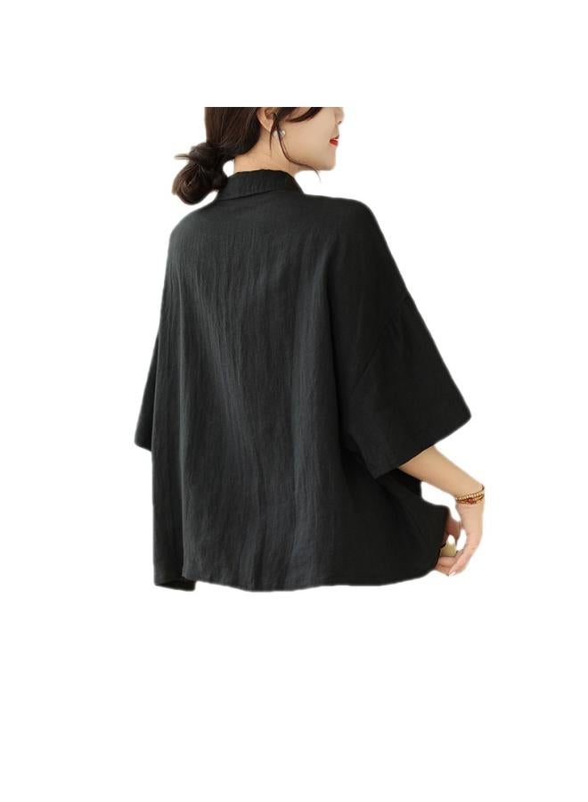 VUELO Real Shot Summer New Artistic Loose Solid Color Lapel Half Sleeve Shirt Women's Shirt Top #702 - Image 5