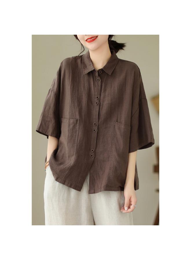 VUELO Real Shot Summer New Artistic Loose Solid Color Lapel Half Sleeve Shirt Women's Shirt Top #702 - Image 3