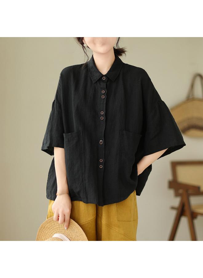 VUELO Real Shot Summer New Artistic Loose Solid Color Lapel Half Sleeve Shirt Women's Shirt Top #702 - Image 4