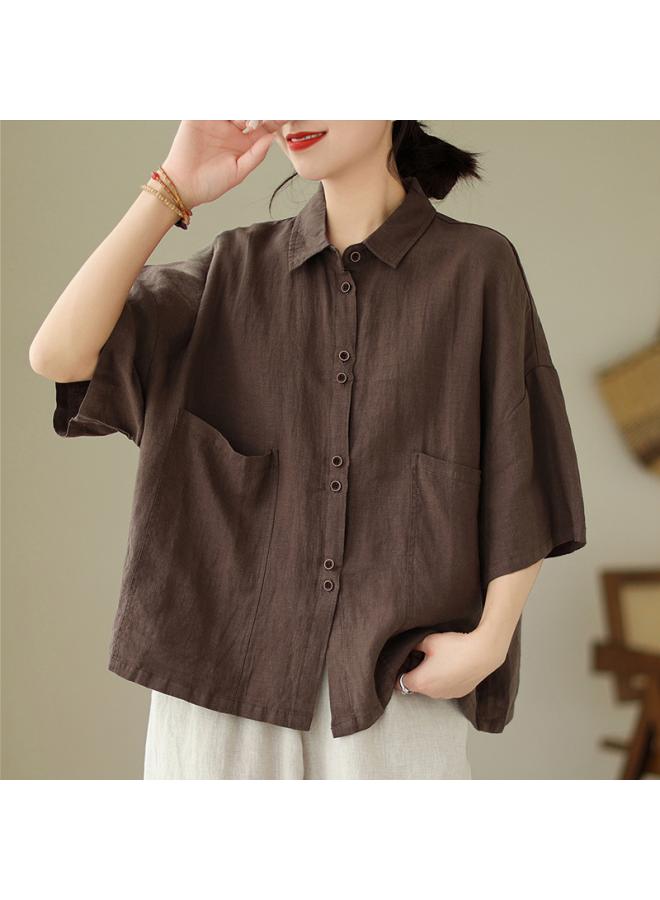 VUELO Real Shot Summer New Artistic Loose Solid Color Lapel Half Sleeve Shirt Women's Shirt Top #702 - Image 1