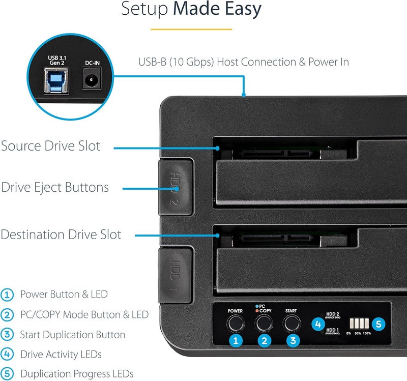 StarTech .com Standalone Hard Drive Duplicator, Dual Bay HDD/SSD Cloner/Copier, USB 3.1 (10Gbps) to SATA III HDD/SSD Docking Station, Hard Disk Duplicator Dock, Hard Drive Cloner (SDOCK2U313R) - Image 4