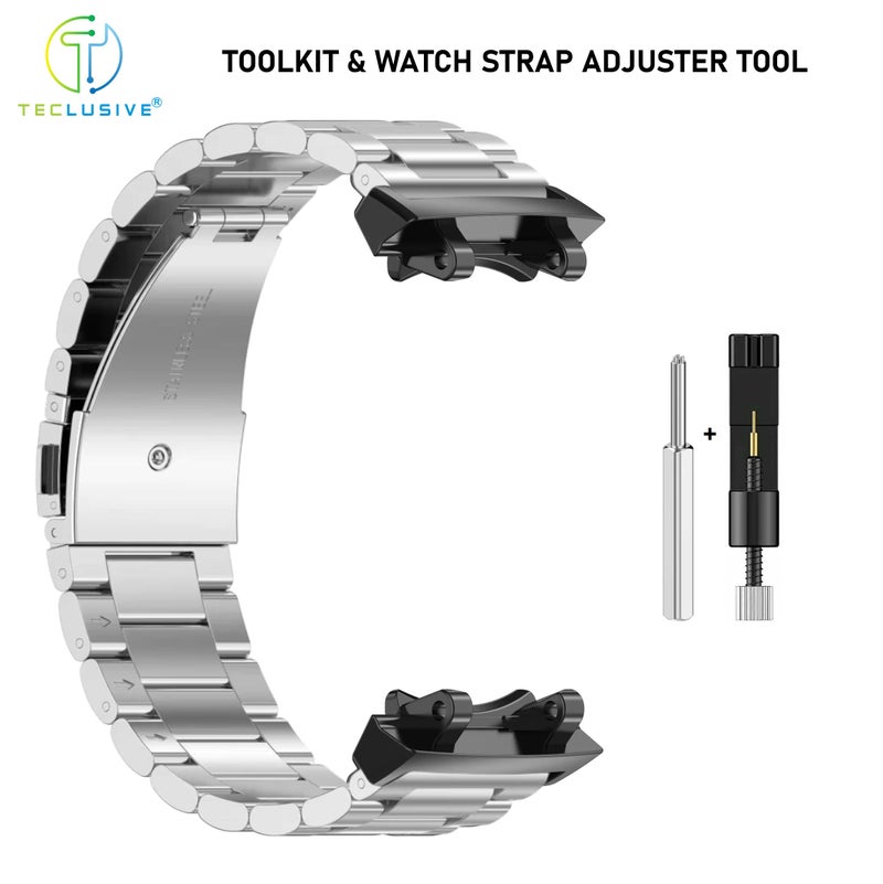 T TECLUSIVE Ultra Luxury Stainless Steel Metal Strap Compatible with Amazfit T-Rex 3 | Metal Chain Band with Installation Tools & Watch Strap Adjuster Tool for T Rex 3 (Silver) - Image 2