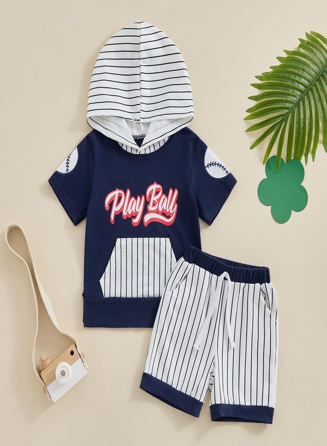 Rtnnsbbfcm Baby Boy Baseball Clothes Hoodie Baseball T Shirt Striped Shorts Toddler Boys Summer Outfit Set (Baseball T Shirt Blue, 18-24 Months) - Image 2