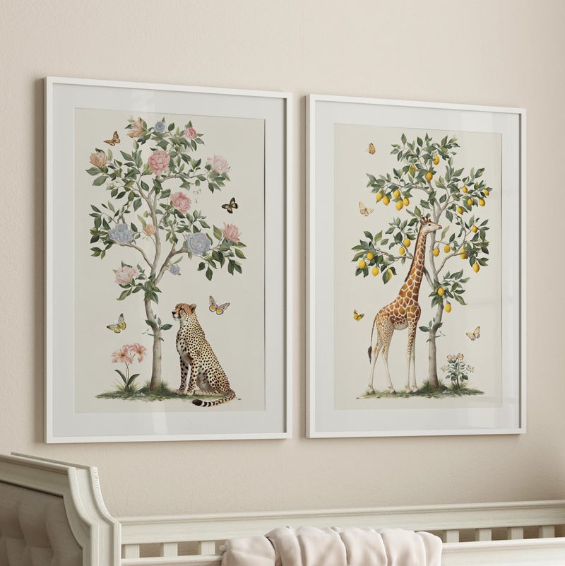 TNESSENTIAL Botanical Nursery Chinoiserie Safari Print Set of 2 Poster or Canvas, Lemon Giraffe Print, Peony Flowers Cheetah Poster Wildlife Art Decor - Image 1