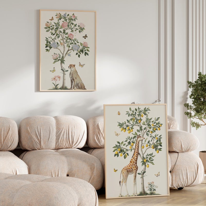 TNESSENTIAL Botanical Nursery Chinoiserie Safari Print Set of 2 Poster or Canvas, Lemon Giraffe Print, Peony Flowers Cheetah Poster Wildlife Art Decor - Image 4