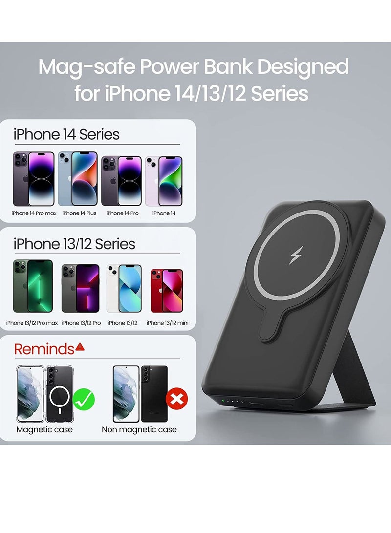Raxoom Magnetic Wireless Portable Charger, 10000mAh Mag-Safe Battery Pack 15W Fast Charging, USB-C Power Bank Foldable Stand Compatible iPhone 14/13/12 Pro Max Plus Mini (Black)  - Image 2