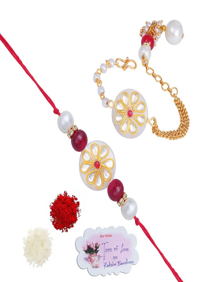 JFL Unisex Adult-Jewellery for Less Handmade Kundan White Stone Rakhi for Brother,Combo Fancy Designer Collection Couple Pair Rakhi Set for Bhaiya with Roli Chawal for Raksha Bandhan - Image 1
