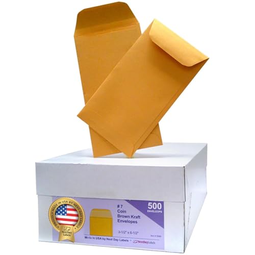 NextDayLabels أظرف العملات #7 من NextDay - عبوة 500 - أظرف نقود بنية من كرافت مع لاصق لتخزين النقود، العملات، المجوهرات، أو الأجزاء الصغيرة - ورق كرافت بني متين للاستخدام المنزلي، المكتبي، أو التجاري - صنع في الولايات المتحدة الأمريكية - Image 1