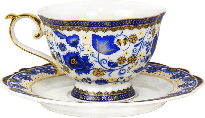 BONE CHINA TEA CUPS AND SAUCERS 68 OZ TEA CUP AND SAUCER SET WITH GOLD TRIM AND GIFT BOX BLUE AND WHITE