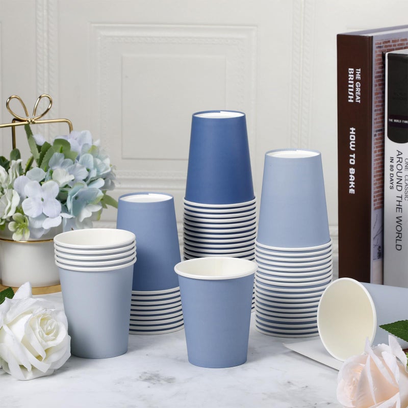 FillTouch فيل تاتش 100 عبوة أكواب ورقية قابلة للاستخدام لمرة واحدة 9 أونصات بألوان متدرجة لأكواب المشروبات الحفلات للمشروبات الباردة زفاف حفلة استقبال المولود حفلة عيد الميلاد (سلسلة زرقاء) - Image 3