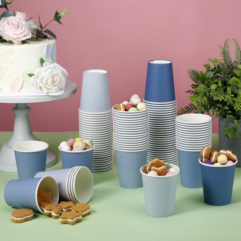 FillTouch فيل تاتش 100 عبوة أكواب ورقية قابلة للاستخدام لمرة واحدة 9 أونصات بألوان متدرجة لأكواب المشروبات الحفلات للمشروبات الباردة زفاف حفلة استقبال المولود حفلة عيد الميلاد (سلسلة زرقاء) - Image 2