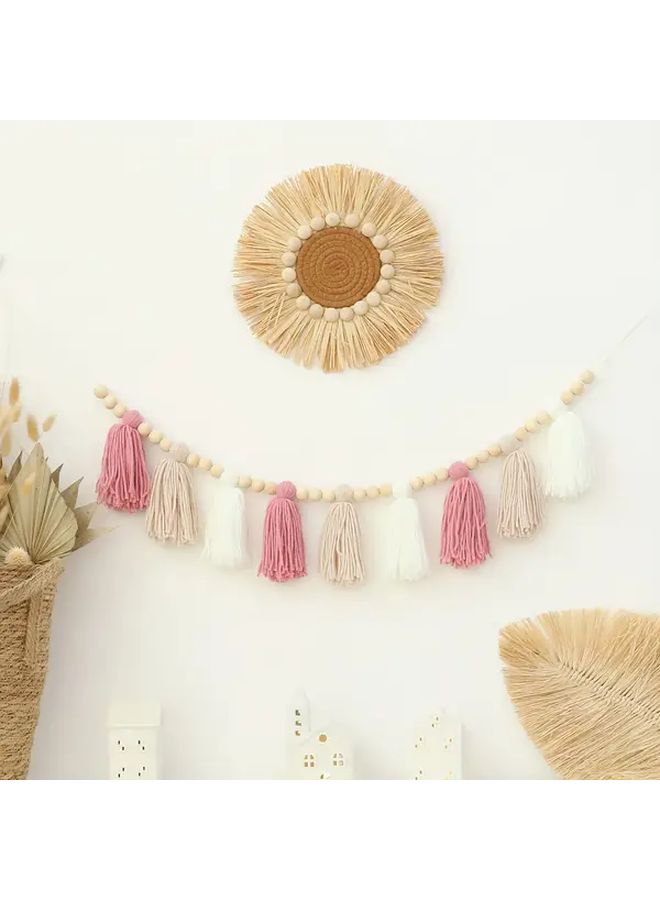 Handmade Boho Tassel Garland Banner Pink Khaki White Room Wall Decor Photo Prop - Image 1