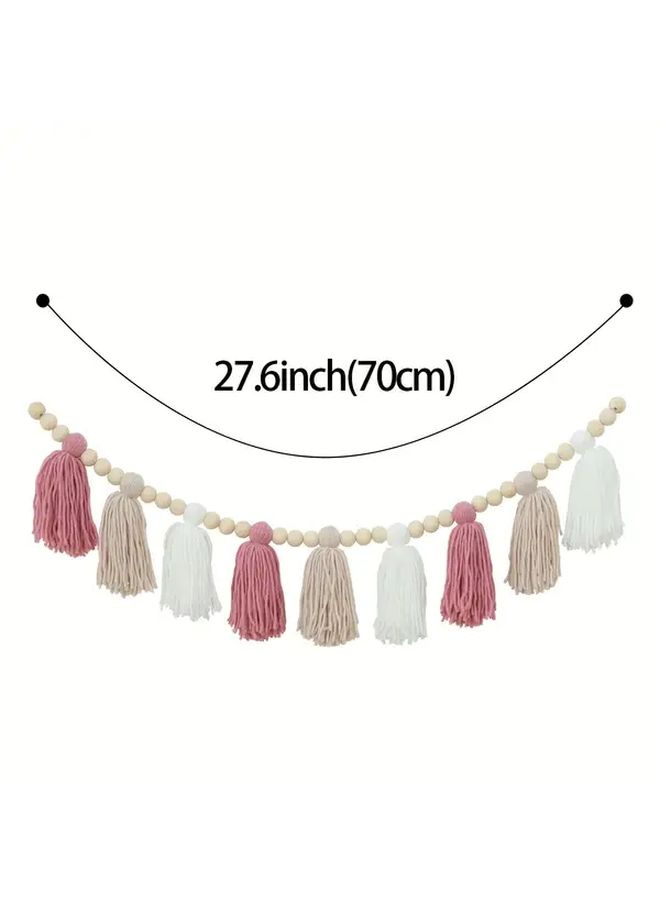 Handmade Boho Tassel Garland Banner Pink Khaki White Room Wall Decor Photo Prop - Image 3