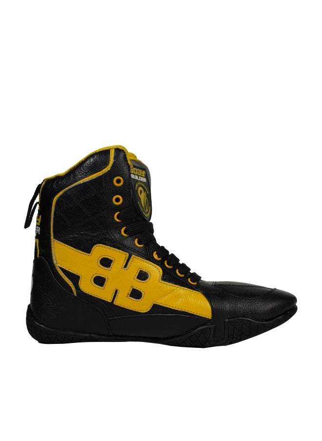 Body Builder Ultimate Athletic Shoes - Genuine Leather, Shoes for Bodybuilding and Weightlifting, Black and Yellow, 41 EU