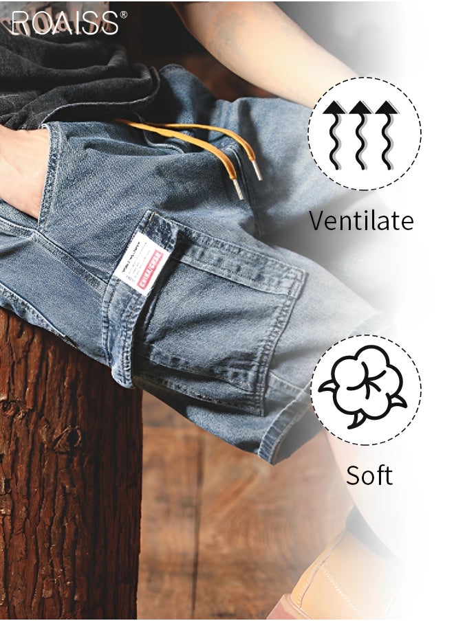 roaiss - Men's Casual Multi Pocket Work Clothes Denim Shorts Elastic Waist Design With Buckle Up Five Point Wide Leg Pants Fashionable And Versatile Durable Shorts - Image 1