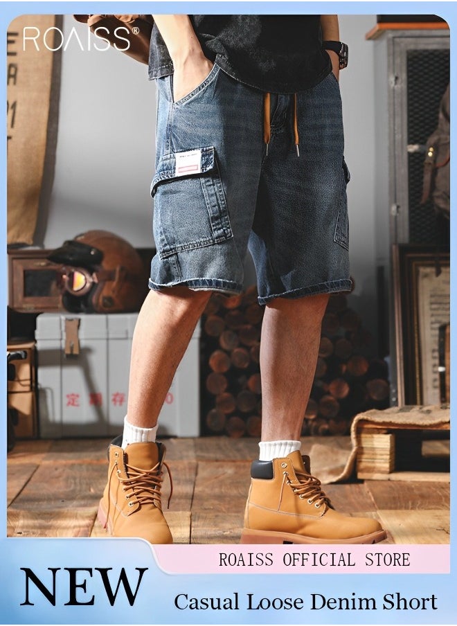 roaiss - Men's Casual Multi Pocket Work Clothes Denim Shorts Elastic Waist Design With Buckle Up Five Point Wide Leg Pants Fashionable And Versatile Durable Shorts - Image 1