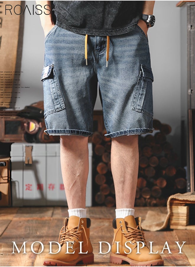 roaiss - Men's Casual Multi Pocket Work Clothes Denim Shorts Elastic Waist Design With Buckle Up Five Point Wide Leg Pants Fashionable And Versatile Durable Shorts - Image 1