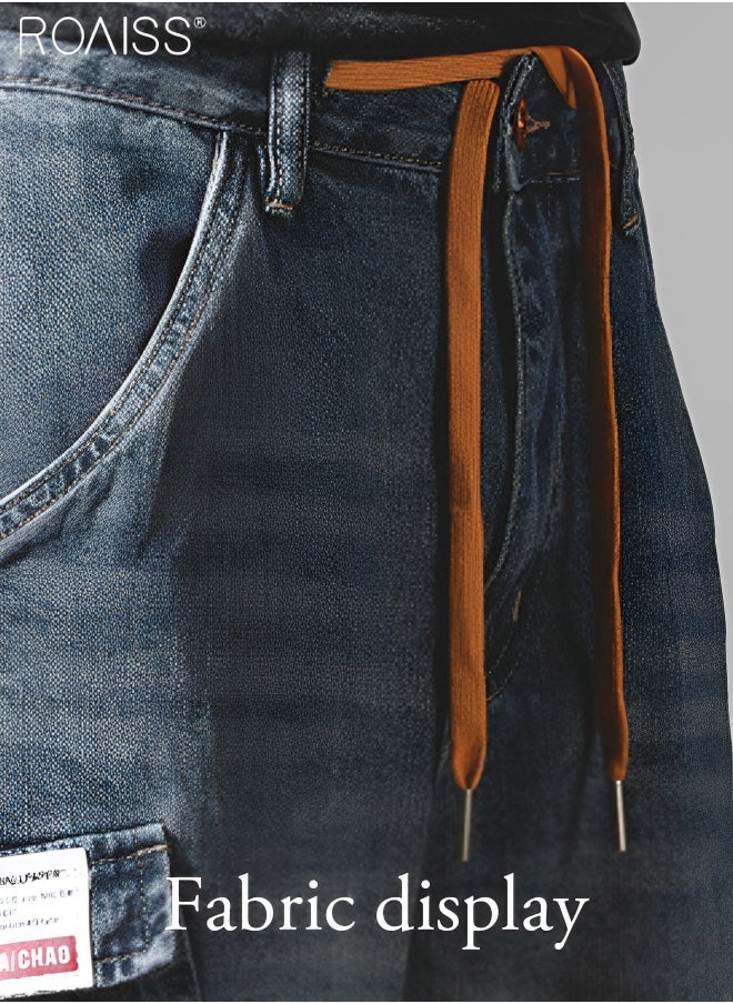roaiss - Men's Casual Multi Pocket Work Clothes Denim Shorts Elastic Waist Design With Buckle Up Five Point Wide Leg Pants Fashionable And Versatile Durable Shorts - Image 1