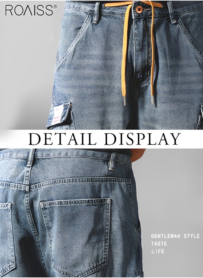 roaiss - Men's Casual Multi Pocket Work Clothes Denim Shorts Elastic Waist Design With Buckle Up Five Point Wide Leg Pants Fashionable And Versatile Durable Shorts - Image 1