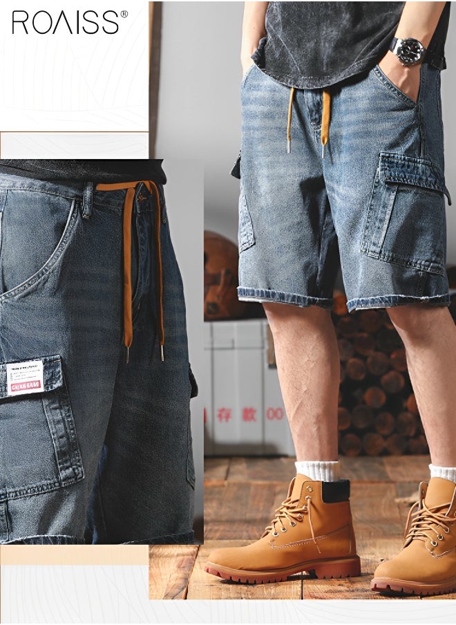 roaiss - Men's Casual Multi Pocket Work Clothes Denim Shorts Elastic Waist Design With Buckle Up Five Point Wide Leg Pants Fashionable And Versatile Durable Shorts - Image 1