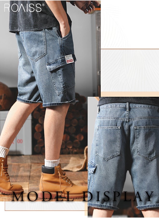 roaiss - Men's Casual Multi Pocket Work Clothes Denim Shorts Elastic Waist Design With Buckle Up Five Point Wide Leg Pants Fashionable And Versatile Durable Shorts - Image 1