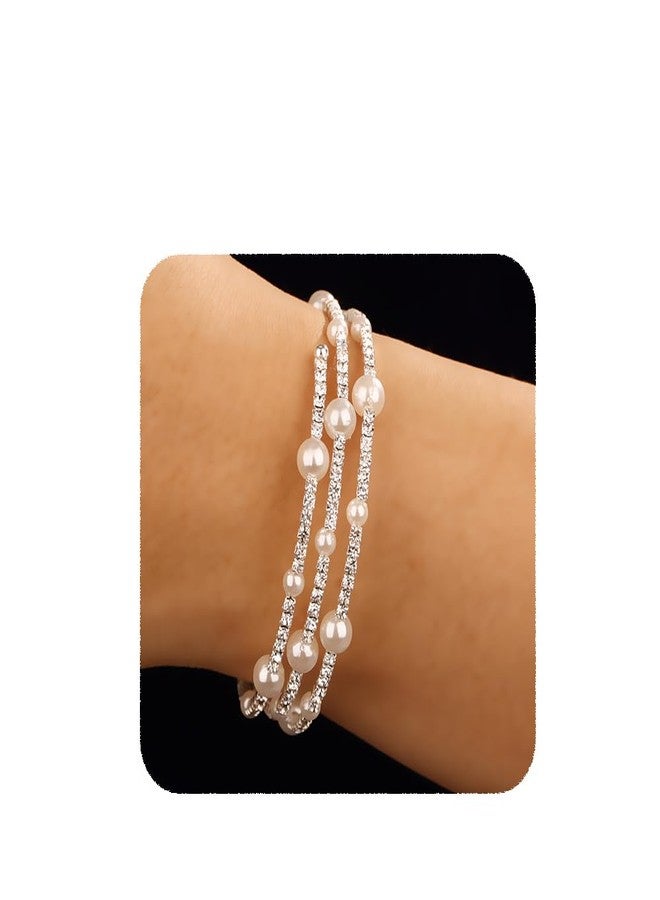 YERTTER Wedding Silver 3 Row Pearl Rhinestone Bracelet Glitter Tennis Chain Stretch Wrap Cuff Bangle Bracelet Layered Gift for Women Brides (Style A-Silver) - Image 1