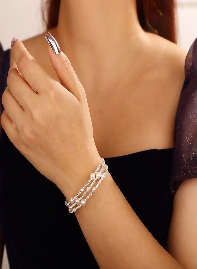 YERTTER Wedding Silver 3 Row Pearl Rhinestone Bracelet Glitter Tennis Chain Stretch Wrap Cuff Bangle Bracelet Layered Gift for Women Brides (Style A-Silver) - Image 2