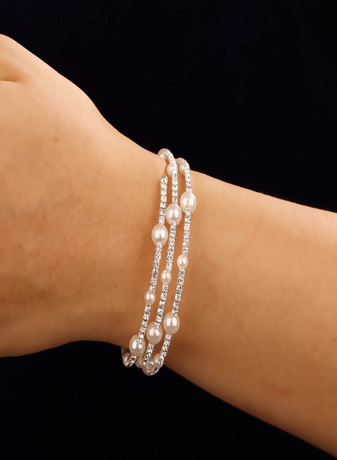 YERTTER Wedding Silver 3 Row Pearl Rhinestone Bracelet Glitter Tennis Chain Stretch Wrap Cuff Bangle Bracelet Layered Gift for Women Brides (Style A-Silver) - Image 3
