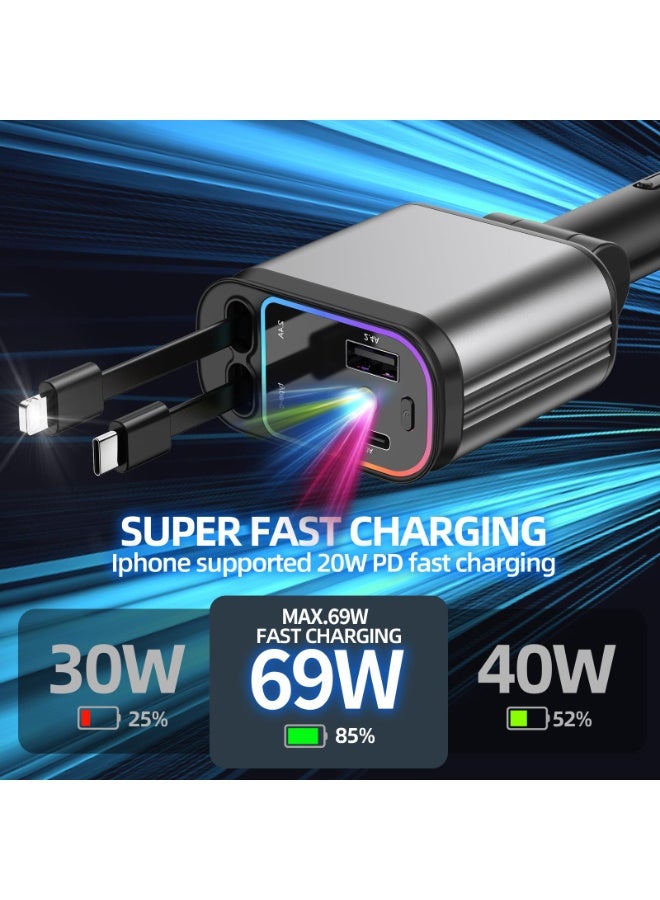 شاحن سيارة بإضاءة نجمية، محول شحن سريع 120 واط، شاحن سيارة قابل للسحب 4 في 1 بمنفذي USB، متوافق مع جميع الأجهزة - Image 3