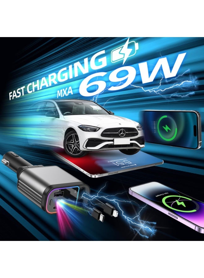شاحن سيارة بإضاءة نجمية، محول شحن سريع 120 واط، شاحن سيارة قابل للسحب 4 في 1 بمنفذي USB، متوافق مع جميع الأجهزة - Image 5