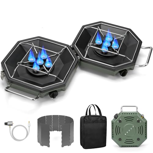 Haoteey Camping Stove Propane Two Burner, 34000BTU Foldable Camp Stove Gas Propane Burners for Outdoor Cooking, Portable Stoves Gas Burners with Windsheild, Carrying Bag, Grates, Regulator - Image 1