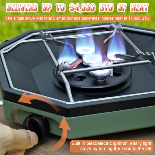 Haoteey Camping Stove Propane Two Burner, 34000BTU Foldable Camp Stove Gas Propane Burners for Outdoor Cooking, Portable Stoves Gas Burners with Windsheild, Carrying Bag, Grates, Regulator - Image 2