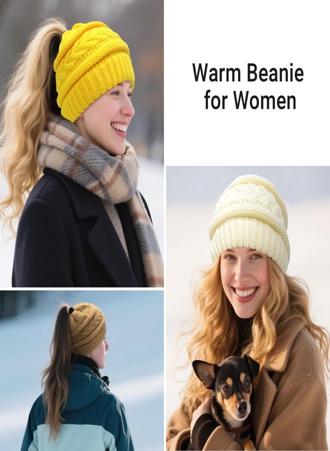 PFFY Ponytail Beanie Hat for Women Winter Warm Knit Beanies High Bun Hats Skull Cap White (Ponytail) - Image 3