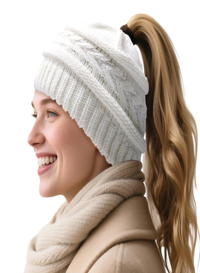 PFFY Ponytail Beanie Hat for Women Winter Warm Knit Beanies High Bun Hats Skull Cap White (Ponytail) - Image 1