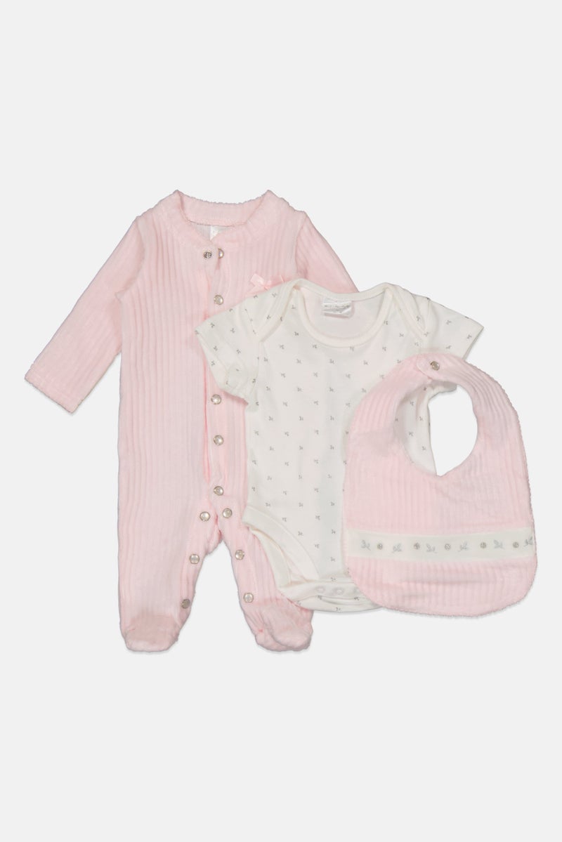 Rock-A-Bye Baby Boutique Toddlers Girl 3 Piece Bodysuit And Romper with Bib Set, Multicolor - Image 4