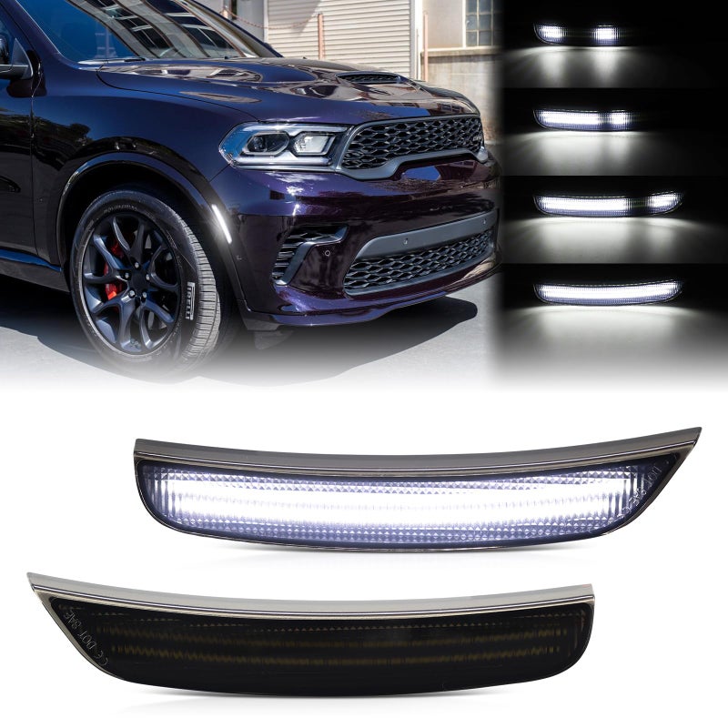 FetonAuto Dynamic LED Side Marker Light for Dodge Durango 2021 2022 2023 2024 2025 2026 Front Bumper Fender White Sequential Turn Signal Assembly Smoked Lens - Image 2