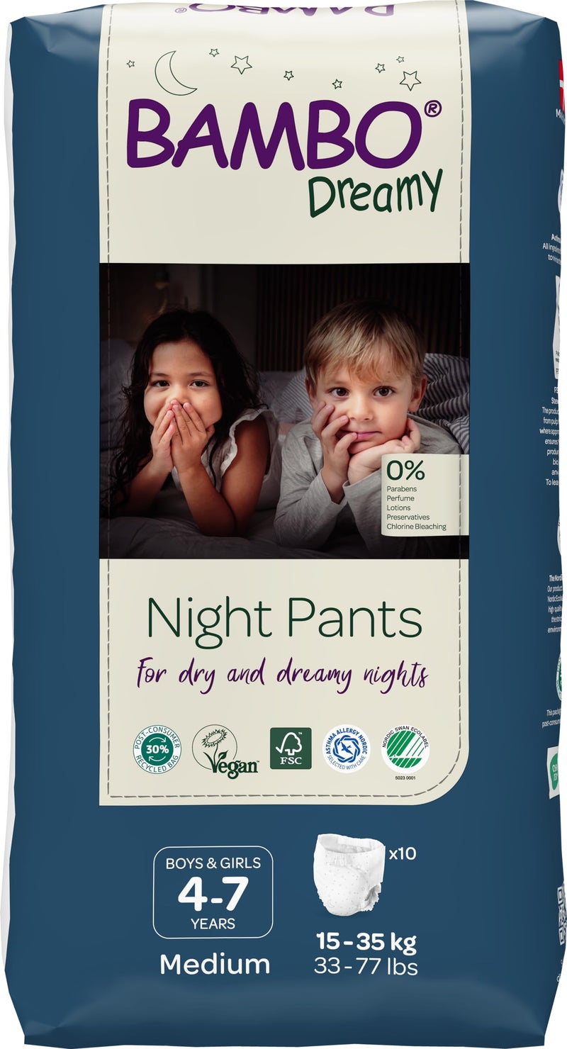 Bambo Nature Dreamy Night Pants - Ultra Flexible Waistband, Ultra Absorbent Core Keeps Child And Bed Dry All Night, Pull Up Diaper, Soft, Breathable, All Round Protection, Kids 4-7, 15-35kg, 10 Count - Image 1
