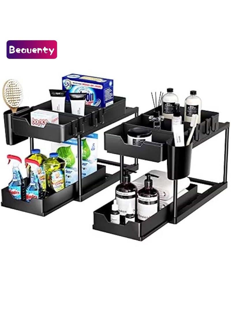 Beauenty 2 Pack Under Sink Organizers and Storage 2-Tier Double Sliding Pull-out Drawer, Under the Sink Organizer Kitchen Multi-purpose Under Bathroom Sink Shelf Storage Rack for Cabinet -Black - Image 1