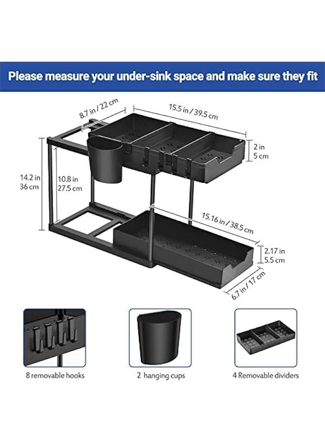Beauenty 2 Pack Under Sink Organizers and Storage 2-Tier Double Sliding Pull-out Drawer, Under the Sink Organizer Kitchen Multi-purpose Under Bathroom Sink Shelf Storage Rack for Cabinet -Black - Image 3