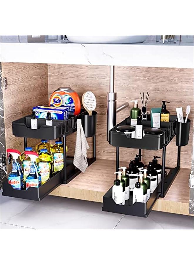 Beauenty 2 Pack Under Sink Organizers and Storage 2-Tier Double Sliding Pull-out Drawer, Under the Sink Organizer Kitchen Multi-purpose Under Bathroom Sink Shelf Storage Rack for Cabinet -Black - Image 2