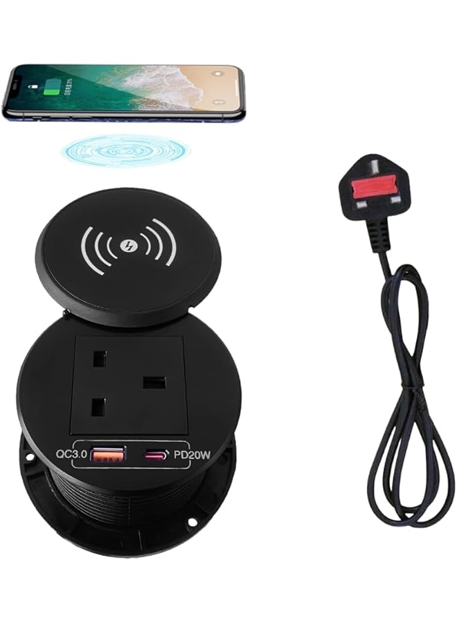 PROMASS promass 15W Wireless Charger Power Grommet Desk grommet Desk hole socket with USB C Fast charger and 1 UK Plug 1.5M extension Power Cord for Conference Table Desk Furniture, Black - Image 1