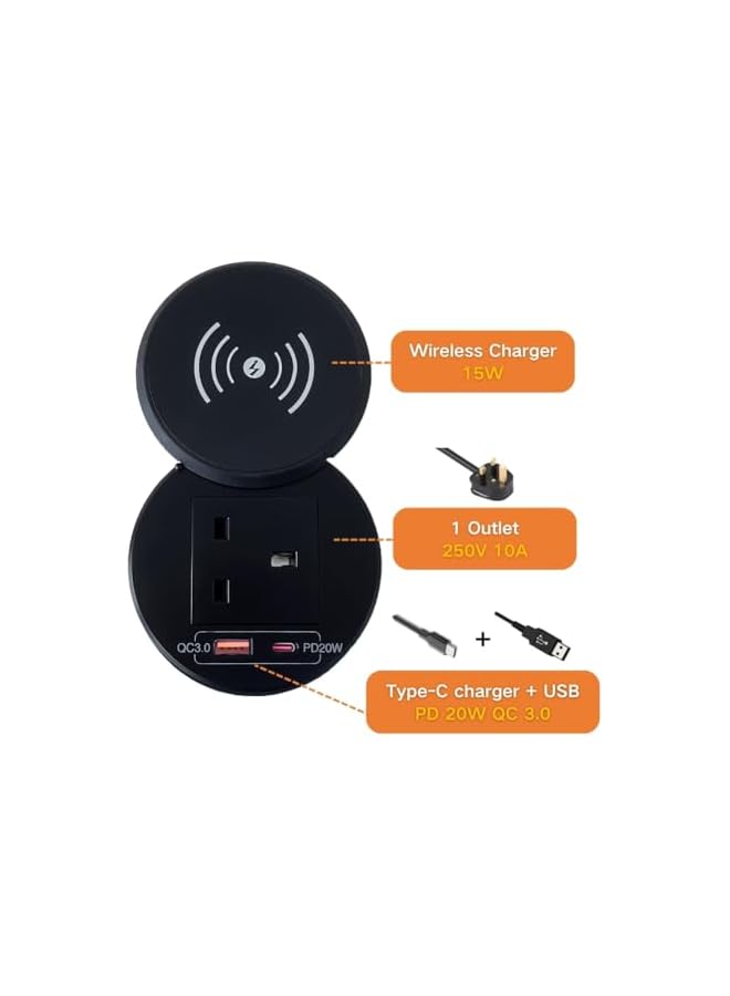 PROMASS promass 15W Wireless Charger Power Grommet Desk grommet Desk hole socket with USB C Fast charger and 1 UK Plug 1.5M extension Power Cord for Conference Table Desk Furniture, Black - Image 2