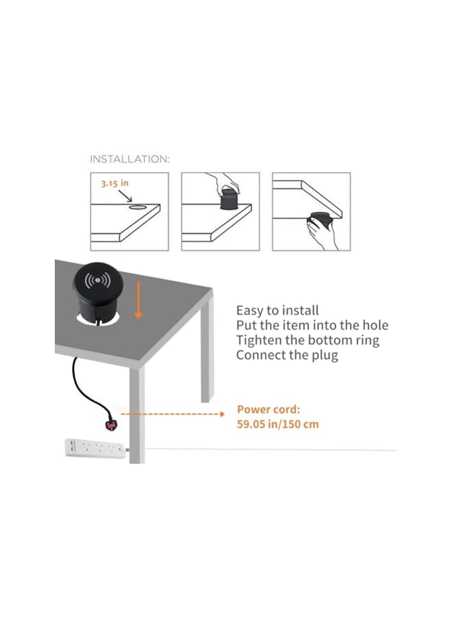 PROMASS promass 15W Wireless Charger Power Grommet Desk grommet Desk hole socket with USB C Fast charger and 1 UK Plug 1.5M extension Power Cord for Conference Table Desk Furniture, Black - Image 5